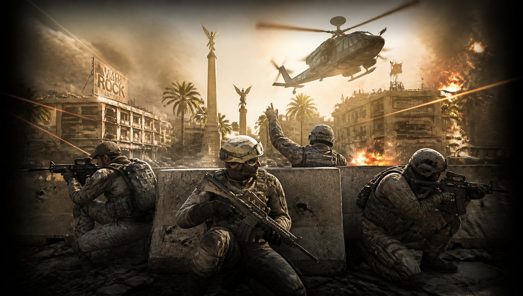 Squad advancing under helicopter cover
