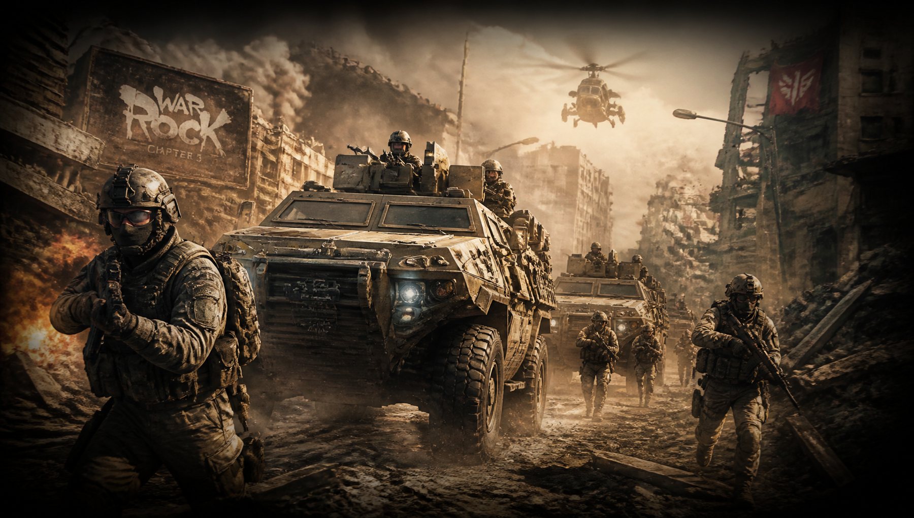 Armored convoy moving through the ruins